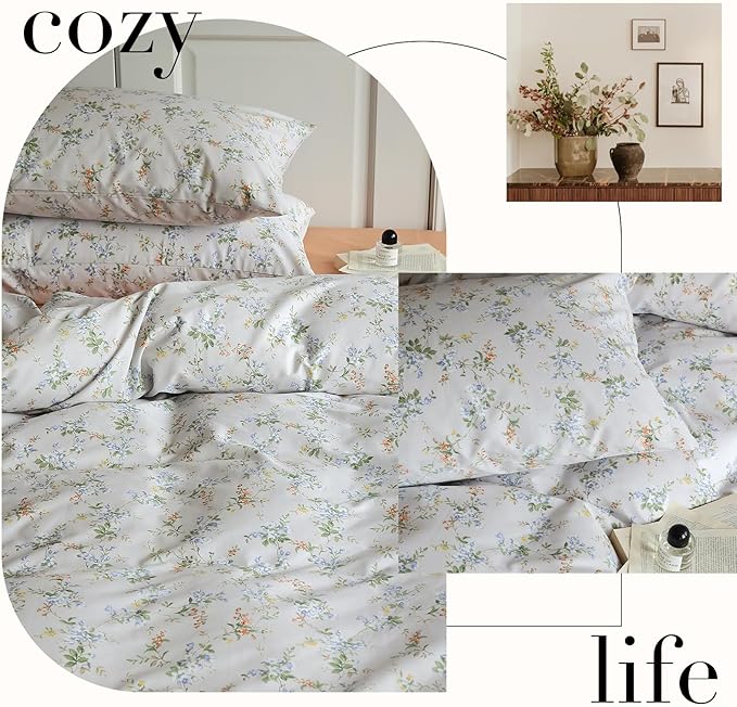 LifeTB Vnitage Style Flower Duvet Cover Set Twin Soft Cotton Botanical Floral Comforter Cove Girls Cottagecore Bedding Set Boho Flower Comforter Cover with Zipper Ties Vintage Country Bedding