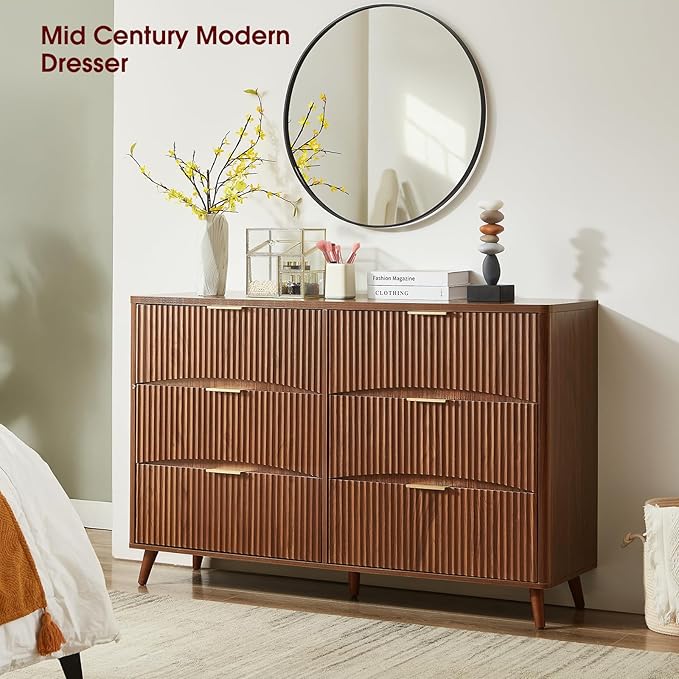 Evermagin 55" Wide Fluted 6 Drawer Dresser, Mid Century Modern Curved Dresser, Light Wood Chest of Drawers for Bedroom, Living Room and Entryway, Walnut