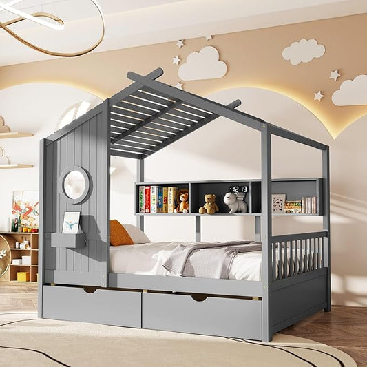 Aoowow Full Size House Bed with Storage Shelves and Drawers, Wood Platform Kids House Bed with Window and Roof for Bedroom, Full Playhouse Bed Frames for Boys Girls, Can be Decorated, Grey