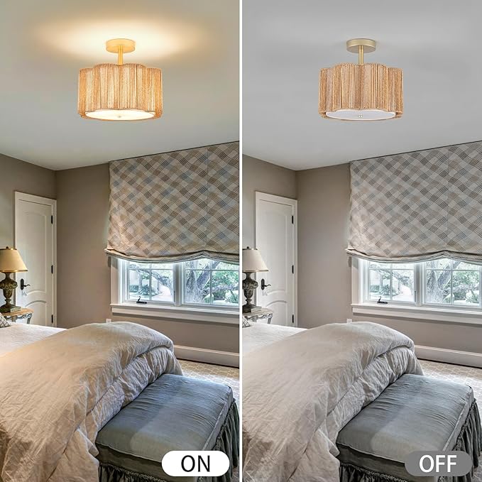 Rattan Semi Flush Mount Ceiling Light, 3-Light Boho Ceiling Lights, Modern Hand-Woven Rattan Boho Light Fixture for Bedroom Living Room Kitchen Hallway and Entryway (Yellow)