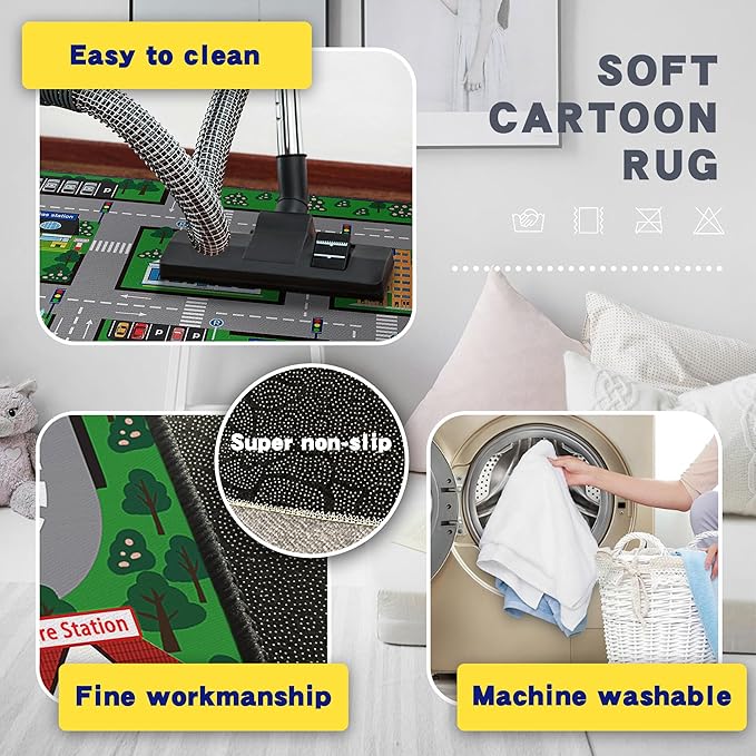 Fun Car Play Area Carpet Car Mat 59"x39" Play Rug for Playroom Town City Road Map for Bedroom Non-Slip Washable