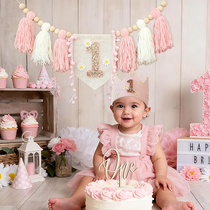 Boho Daisy Highchair Banner 1st Birthday Girl For First Party Decorations Set With Handmade Cake Topper Crown Hat