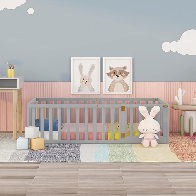 Merax Twin Floor Bed with Safety Guardrails and Door, Wood Montessori Floor Bed Frame for Kids, Twin Playhouse Bed Frame for Baby Girls and Boys, Grey