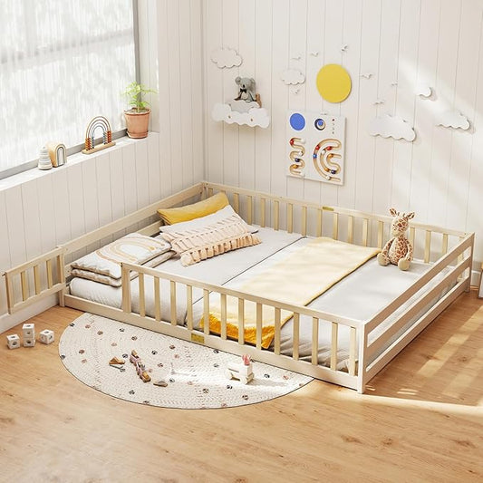 KOMFOTT Queen Size Wood Floor Bed with Door & Fence, Montessori Bed Frame with Full Length Safety Guardrails, Door & Latch, Wooden Montessori Floor Bed for Kids, Girls, Boys (Queen,Natural)