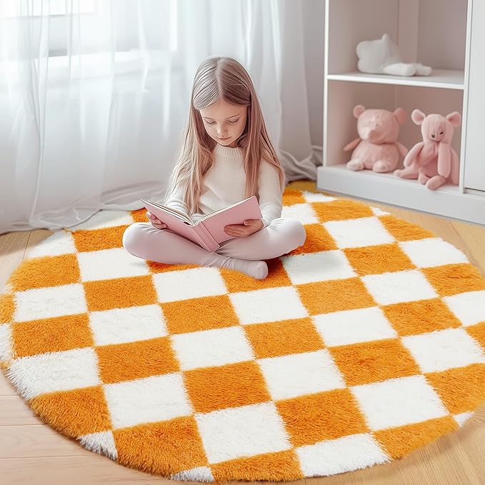 KICMOR Round Rug 4ft Orange and Cream White Circle Area Rug, Fluffy Soft Fuzzy Shag Shaggy Bedroom Living Room Carpet, Indoor Checkered Circular Rug for Kids Boys Girls Home Decor Aesthetic, Nursery