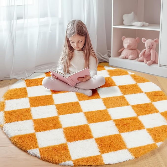 KICMOR Round Rug 4ft Orange and Cream White Circle Area Rug, Fluffy Soft Fuzzy Shag Shaggy Bedroom Living Room Carpet, Indoor Checkered Circular Rug for Kids Boys Girls Home Decor Aesthetic, Nursery
