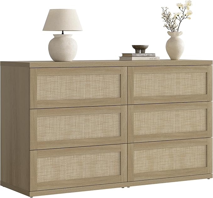 SICOTAS Dresser for Bedroom - 6 Drawer Dresser for Nursery 50" Wide Rattan Dressers & Chests of Drawers Boho Drawers for Bedroom Living Room Clothes Large Closet Storage for Closet Hallway Entryway