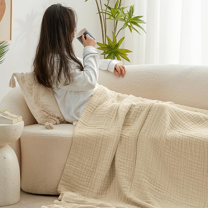 Love's cabin 6 Layer 100% Cotton Muslin Blanket, 108"x90" Muslin King Size Blanket for Bed Couch, Lightweight and Breathable Cotton Gauze for Adult, Khaki