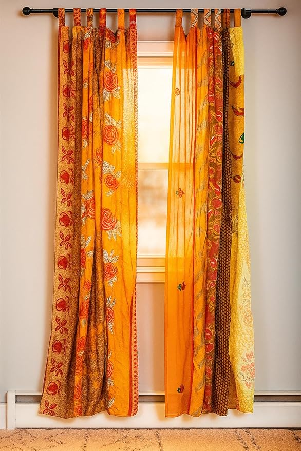 YILLE Boho Silk Sari Curtain Panel,1 Piece Vintage Handmade Lightweight Recycled Indian Silk Saree Window Drapes for Bohemian Living Room, Aesthetic Home Décor Wall Hanging - Yellow, 84 X 43 in