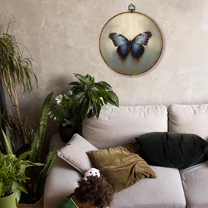 Hiuwevt Vintage Moody Purple Butterfly Round Wall Art Decor, Retro Rustic Butterfly Framed Canvas Prints, Cottagecore Insect Round Wall Hanging Decor for Home Bedroom Decorations, 10x10 Inches