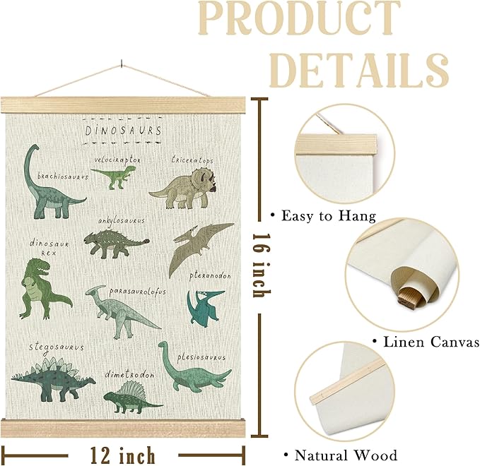 BCUANGD Dinosaur Dino Wall Decor - Baby Toddler Boys Room Wall Art Poster Hanger with Wood Frames, Inspirational Wall Hanging Canvas Decor for Kids Room Nursery Bedroom, 12x16 Inches