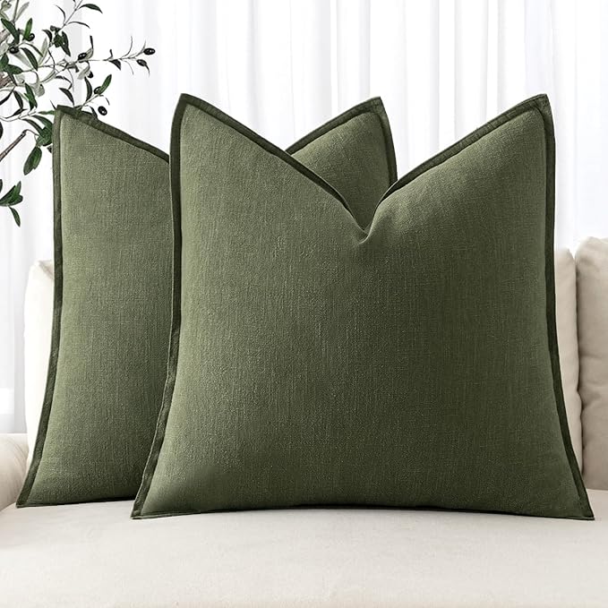 MIULEE Decorative Linen Pillow Covers 28x28 Inch Dark Olive Green Boho Farmhouse Neutral Christmas Couch Throw Pillows for Bed Pack of 2 Accent Modern Pillowcase Sofa Livingroom Home Decor