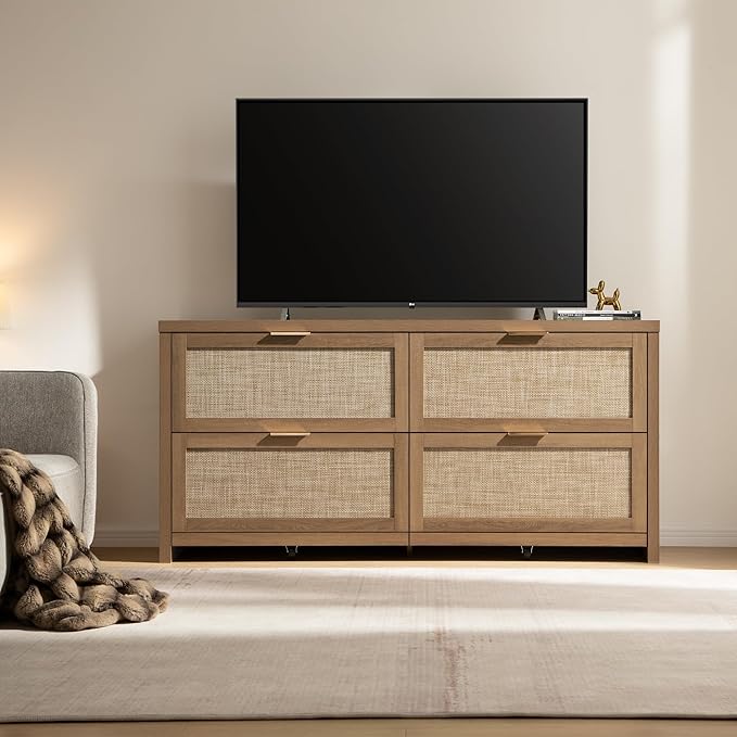SICOTAS Large Dresser for Bedroom Set 2, Rattan Dressers with 4 Deep Drawers, Long Chest of Drawers for Closet, Farmhouse TV Stand (Reclaimed Caramel Oak, 4 Drawers (2 pcs))
