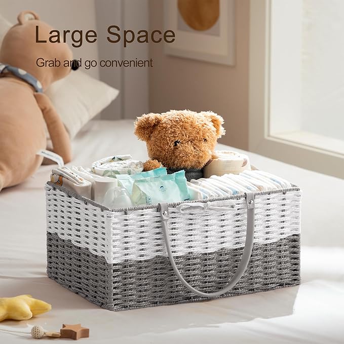 HBlife Large Diaper Caddy Organizer, Portable Paper Rope Woven Basket with Divider, Nursery Diaper Station Organizer, Baby Shower Gifts Basket & Car Organizer, Newborn Essentials