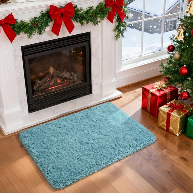 Merelax Modern Soft Fluffy Small Shaggy Rug for Bedroom Livingroom Dorm Kids Room Indoor Home Decorative, Non-Slip Plush Furry Fur Area Rugs Comfy Nursery Accent Floor Carpet 2x3 Feet, Turquoise Green