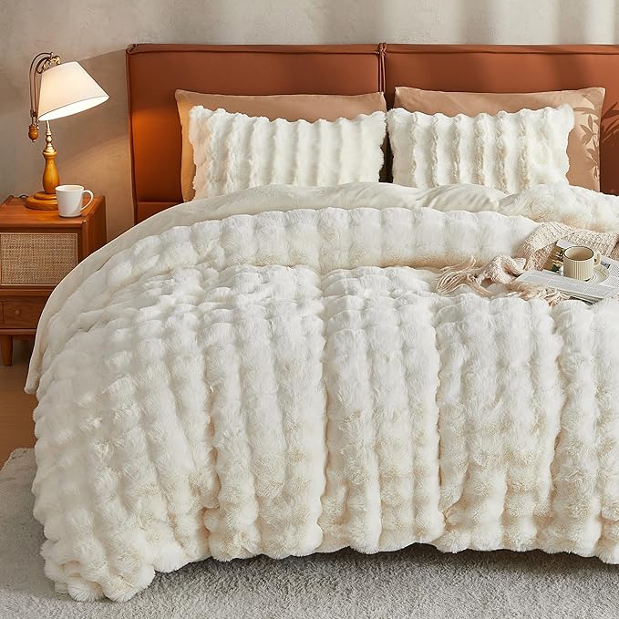 JELLYMONI Plush Duvet Cover Set - Queen Size Beige Faux Fur Comforter Cover 3pcs Bedding Set Luxury Ultra Soft Striped Fluffy Duvet Cover with Zipper and 2 Pillowcases (NO Comforter)