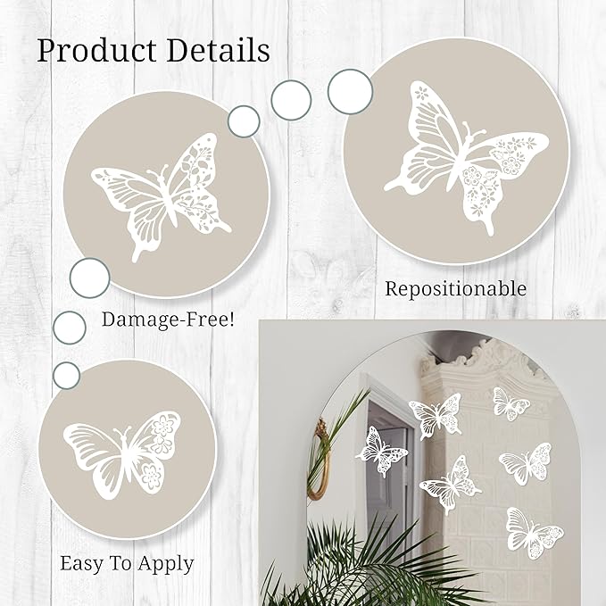 White Floral Butterfly Mirror Decals - Vinyl Stickers for Mirrors, Walls, Doors, Windows - Easy to Apply and Remove - Nursery Living Room Nursery Laundry Kitchen
