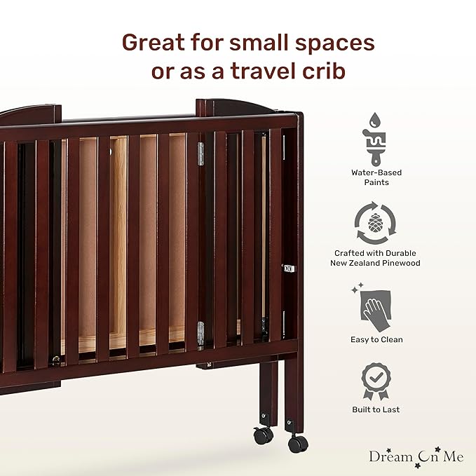Dream On Me 2-in-1 Folding Portable Compact Mini Baby Crib in Espresso, GreenGuard Gold & JPMA, US Patented Flat Folding System, Locking Wheels,1″ Mattress Pad, Space-Saving Quck Fold Easy Storage