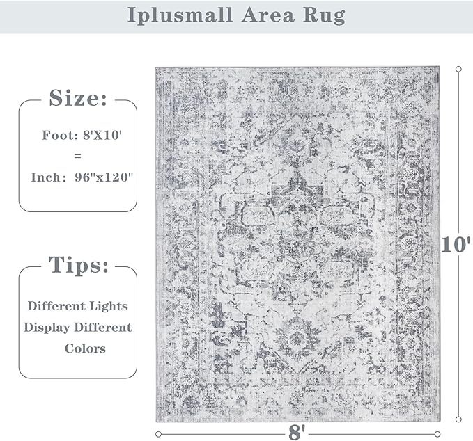 Area Rug 8x10, Washable Rug for Living Room, Large Area Rugs for Bedroom, Vintage Rug 8x10 for Dining Room, Non Slip Soft Low Pile Indoor Carpet for Kitchen, Nursery, Office, Farmhouse, Grey