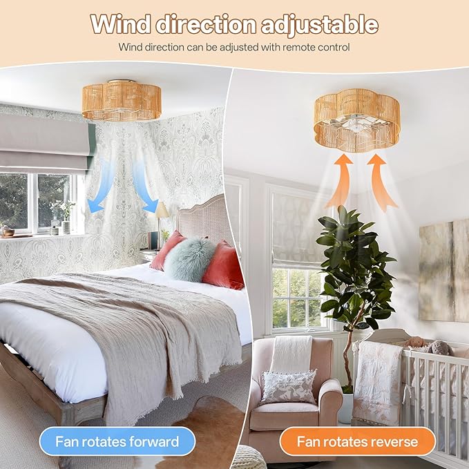 Caged Ceiling Fan with Lights, Flush Mount 20" Boho Ceiling Fans with Lights Remote Control, Low Profile Bladeless Rattan with 6 Speeds for Bedroom, Nursery, Kitchen