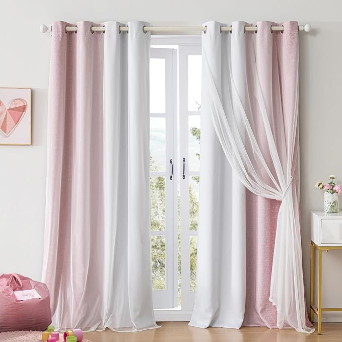 100% Blackout Curtains with Sheer Overlay Mix and Match Double Layer Drapes 84 Inch Long 2 Panels for Bedroom Living Room Pink White Ombre Grommet Window Treatment with Tiebacks