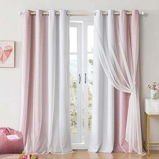 100% Blackout Curtains with Sheer Overlay Mix and Match Double Layer Drapes 90 Inch Long 2 Panels for Bedroom Living Room Pink White Ombre Grommet Window Treatment with Tiebacks