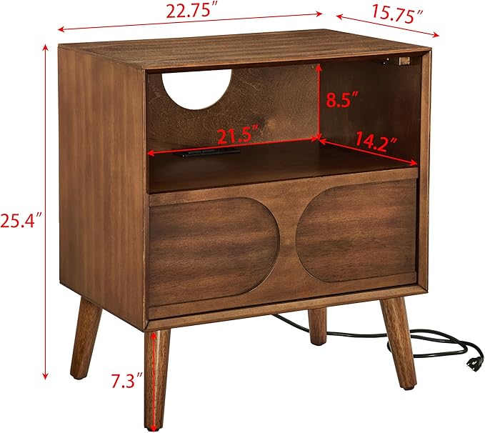 Mid Century Modern Fluted Nightstand, Night Stand with Charging Station USB Ports & Outlet Hole & 4 Solid Wood Legs, Farmhouse End Table with Open Space and Drawer Dresse (Walnut)