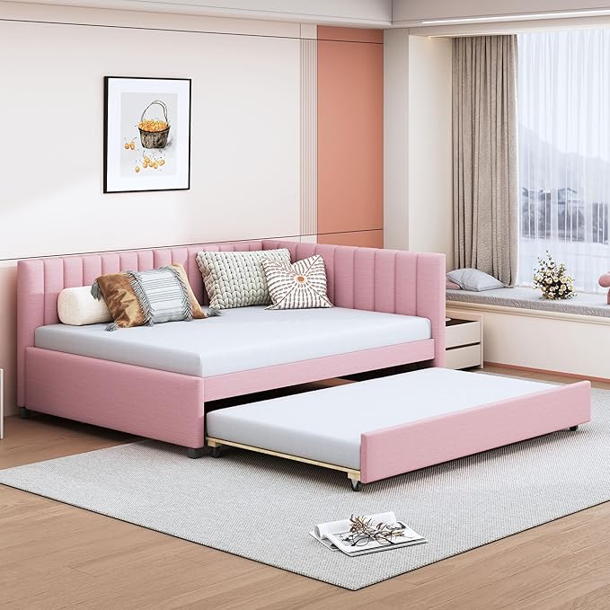Harper & Bright Designs Full Size Upholstered Daybed with Trundle Sofa Bed Frame for Boys Girls Kids Adults Toddler No Box Spring Needed, Linen Fabric(Pink)