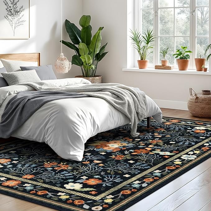 Area Rugs for Living Room 5x7, Washable Non-Slip Thin Floral Vintage Boho Rug for Bedroom Dining Room Office, Non-Slip Rug for Kitchen Indoor Lightweight Carpet, Black/Multi