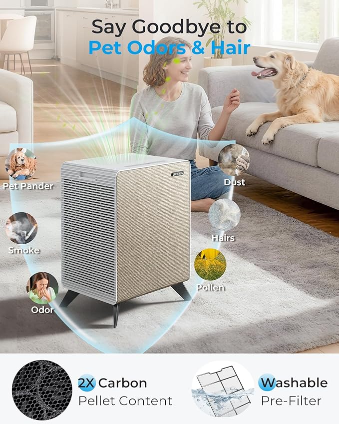 Air Purifiers for Home Large Room Up to 2250 ft² - Remove 99% of Smoke Allergies Pet Dander Odor - Dual 3-Stage Filter of Washable Filter and with AQI, Auto Mode, Sleep Mode, Beige, Large
