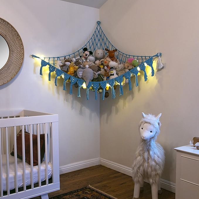 Extra Large Stuffed Animal Storage Hammock Corner with LED Lights – 25LB Capacity Hanging Toy Net for Small or Large Plushies, Boho Macrame Squishmallow, Plush Net, Blue