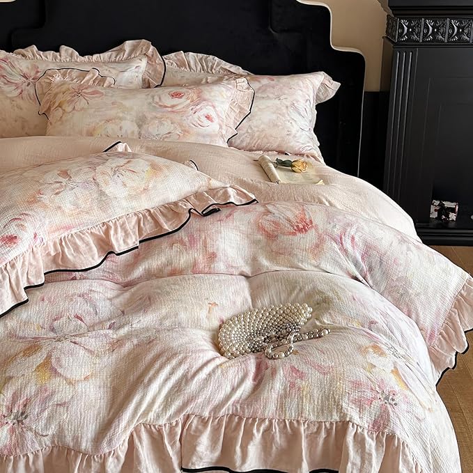 HighBuy Pink Floral Linen Duvet Cover Twin XL,Ruffle Floral Bedding Set for Girl College,Muslin Yarn-Dyed Comforter Cover with Zipper for Hot Sleepers,Breathable & Fade-Resistant All Season