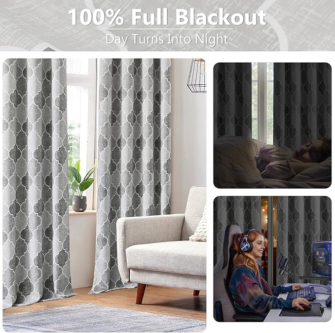 Grey 100% Blackout Curtains 95 Inches Long for Living Room Bedroom Moroccan Trellis Print Window Treatments Panels Room Darkening Thermal Insulate Privacy Grommet Drapes, 52x95, 2 Panels