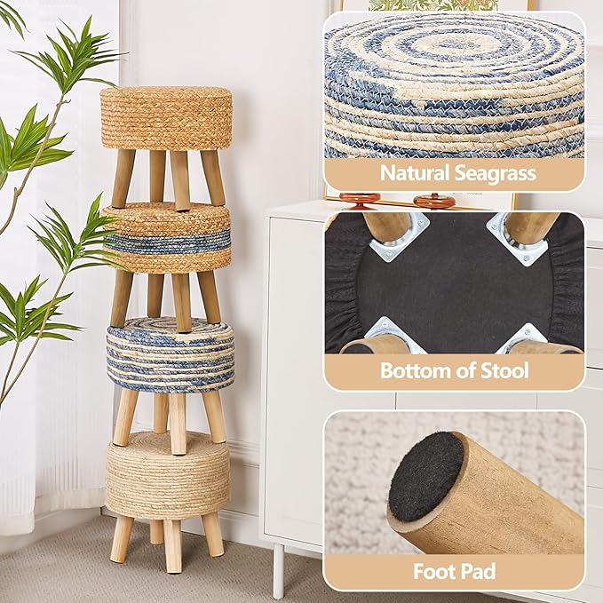 Cpintltr Round Ottoman Natural Seagrass Footstool Hand Weave Water Hyacinth Poufs Eco Friendly Sofa Foot Stool Soft Step Stool Padded Foot Rest with Pine Legs for Living Room (Mixed Blue)