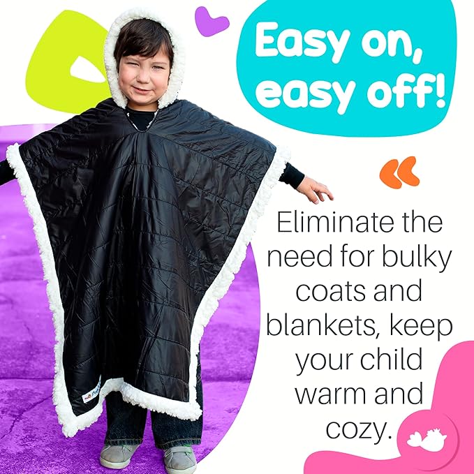 Birdy Boutique Car Seat Poncho for Kids – Reversible Warm Blanket with Hoodie – Safe to Use Over Seat Belts – Easy On, Easy Off, and Doesn’t Impact Seat Performance - Black – One Size