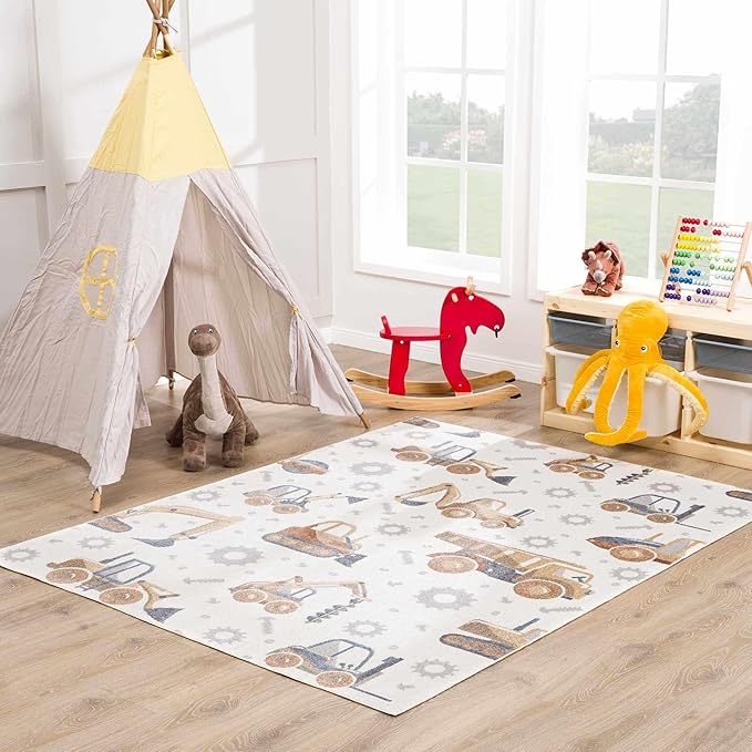 Hauteloom Mochi Kids Room, Nursery Machine Washable Area Rug - Construction Vehicles Machines - Cream, Brown, Beige - 5'3" x 7'