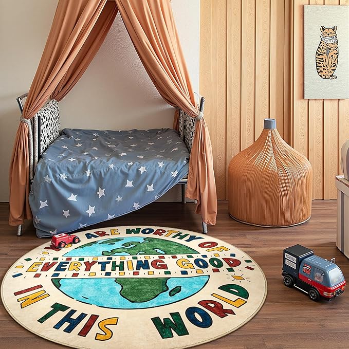 JINCHAN 4ft Round Rug Washable Fun Rug You Are Worthy Playroom Mat Non Slip Cheerful Circle Cool Floor Cover Soft Cozy Low-pile Emotional Support Throw Carpet for Entryway Kids Gift Teens Dorm Bedroom