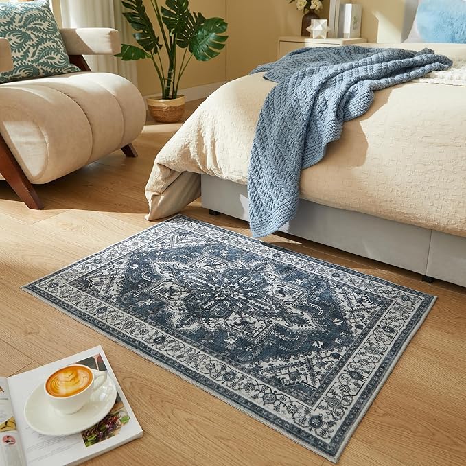 WITSHOCK Indoor Door Mat, Entrance Mat 2x3 Machine Washable Non Slip Backing Mat Soft Foldable,Vintage Rugs Mats, Inside Floor Mat Doormat, Blue