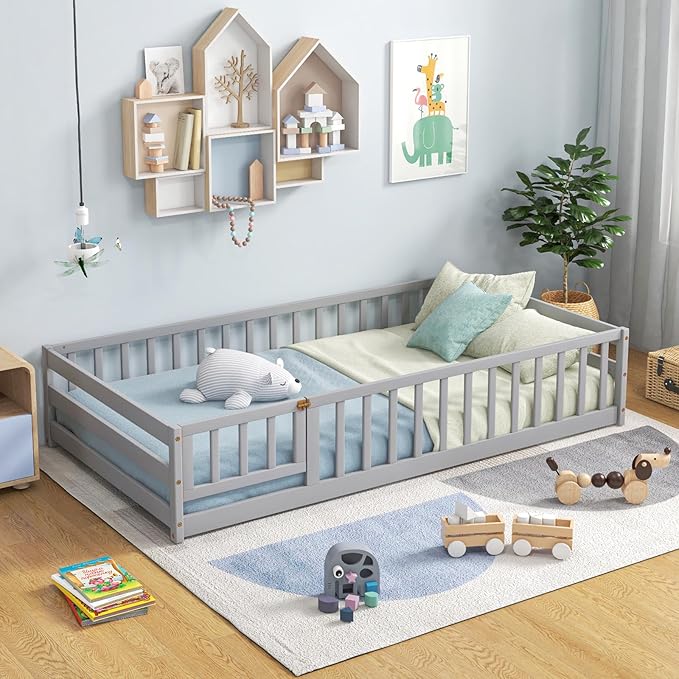 Giantex Twin Floor Bed with Door & Fence, Kids Wood Montessori Beds with Safety Guardrails, Floor Bed Frame for Kids, Boys, Girls, No Box Spring Needed, Floor Bed Twin (Grey)