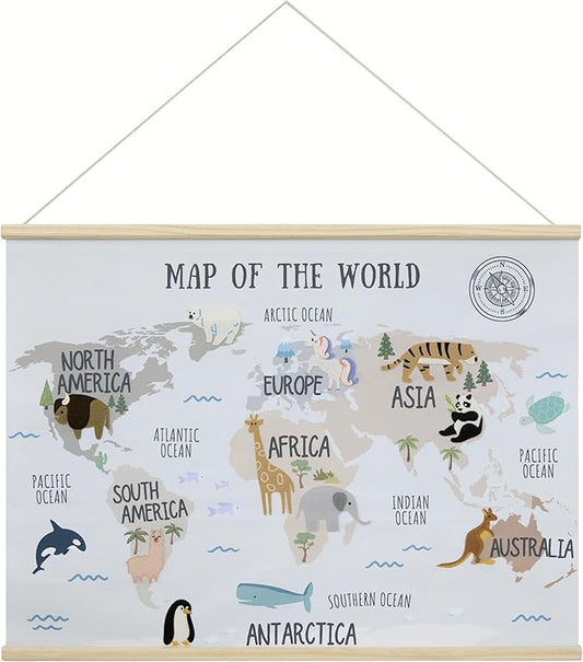 32 x 24 Inch Embroidered World Map Poster for Kids with Wood Hanger – Neutral Wall Décor for Boys and Girls Nursery, Bedroom and Playroom