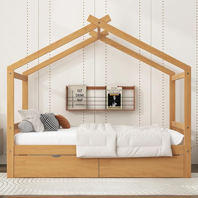 Harper & Bright Designs Full Size House Bed Frame for Kids, Wood Playhouse Platform Bed Frame with Two Drawers and Fence, Roof Design, Natural