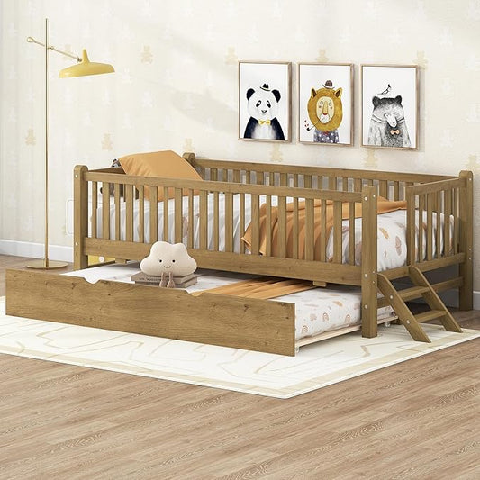 Wood Twin Size Platform Bed with Guardrail and Trundle, Kids Bed with Ladder for Bedroom, Kids Montessori Style Bed Frame for Girls Boys (Walnut-Trundle)