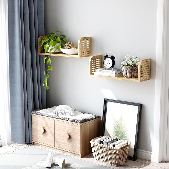 Rattan Shelf Set of 2, Cute Nursery Shelves Wall Mounted, Natural Hanging Bookshelf Storage, Boho Decorative Floating Shelves for Kids Room, Living Room, Play Room, Bedroom, Home Decor