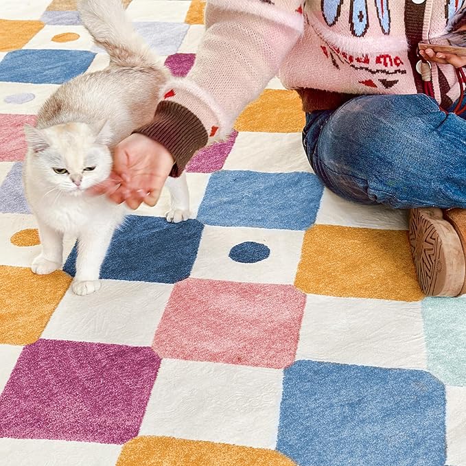 jinchan Macy Round Rug 5ft Kids Washable Rug Indoor Floor Cover Non-Slip Soft Elementary School Classroom Modern Colorful Diamond Carpet for Nursery Daycare Playroom Living Room Berries on Cream