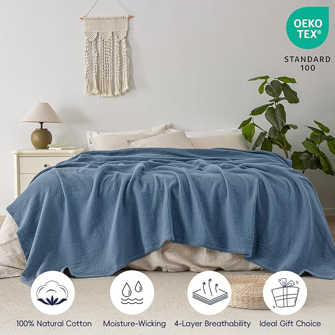 PHF 100% Cotton Muslin Blanket Queen Size 90"x90", 4-Layer Lightweight Gauze Throw, Breathable Cloud-Soft Minimalist Blanket for Bed, Couch, Camping & Baby, Denim Blue, Ideal Gift