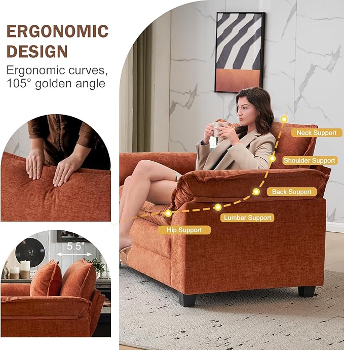 CDCASA Oversized Accent Chair, Chenille Comfy Cloud Sofa Chair with Large Seat and Upholstered Armrests, Modern Extra Wide Armchair Reading Chairs for Bedroom, Living Room,Terracotta Orange