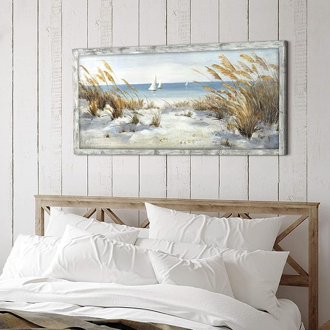 Framed Ocean Wooden Wall Art: Coastal Oil Painting Style 48"x24" Ocean Pictures Seascape Art Beach Prints Artwork for Office