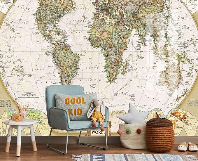 World Map Wallpaper Mural for Nursery Kids Room Large Wall Mural for Bedroom Living Room