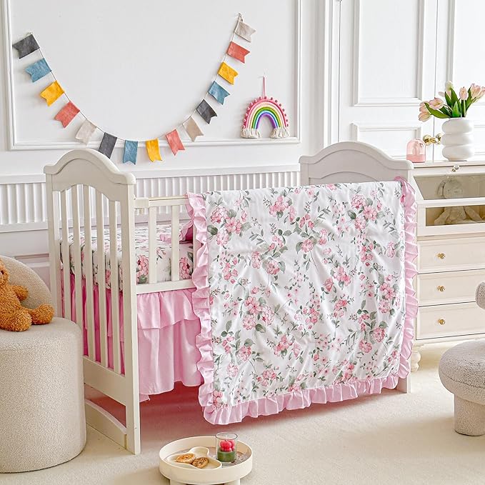 3 Pieces Pink Rose Flowers Crib Bedding Set Baby Ruffled Quilted Comforter with Fitted Sheet and Bed Skirt - Cute Ruffled Shabby Chic Baby Girls Bedding Soft Blanket Floral Design