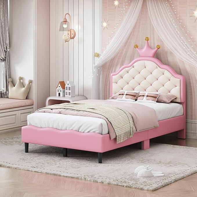 Bellemave Twin Size Princess Bed Frame with Lovely Crown Shaped Headboard for Girls,Upholstered Platform Bed with Slats Support,Twin Girls Bed,Pink Cream